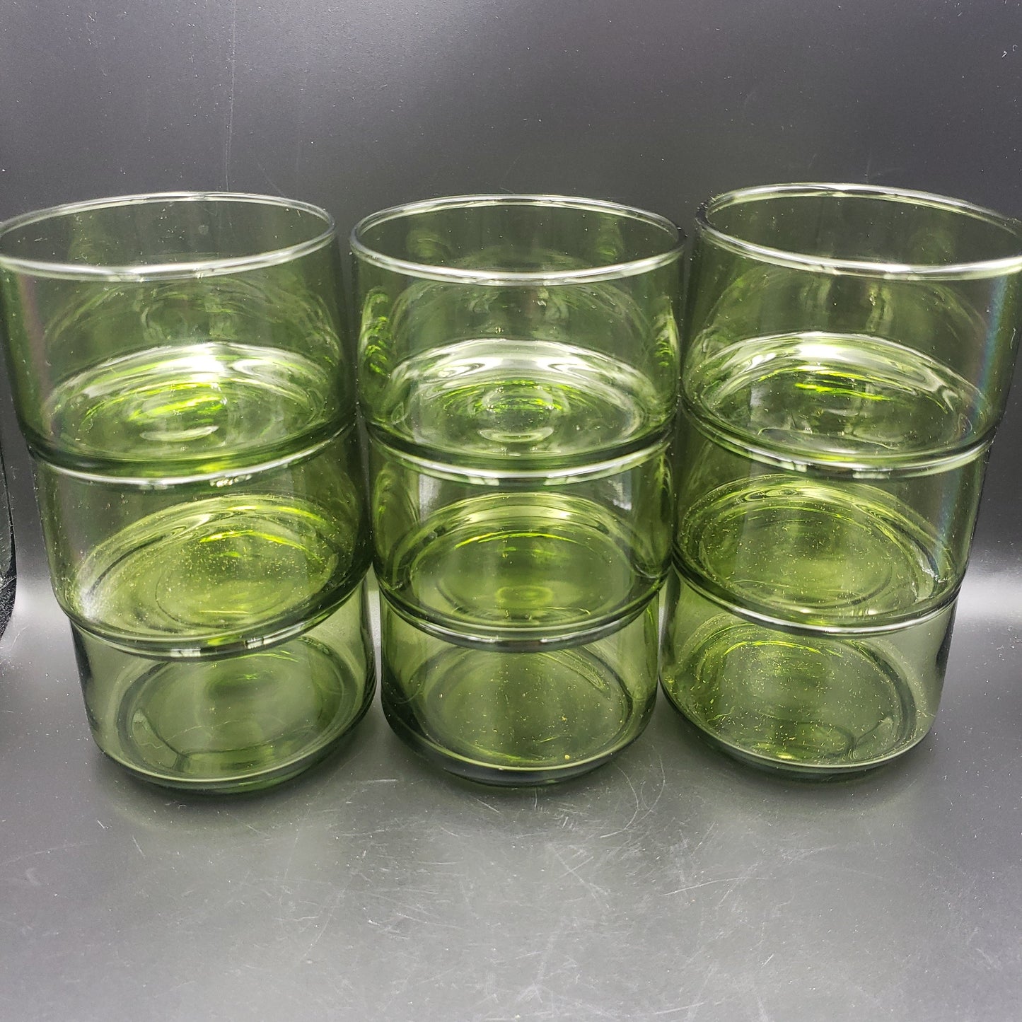 Listing for Christina - Set of 3 Anchor Hocking Green Glass Stackable Tumblers