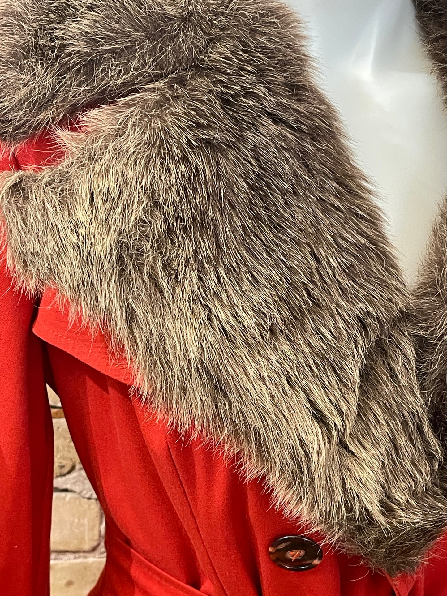 Red Winter Trench Coat with Faux Fur Collar
