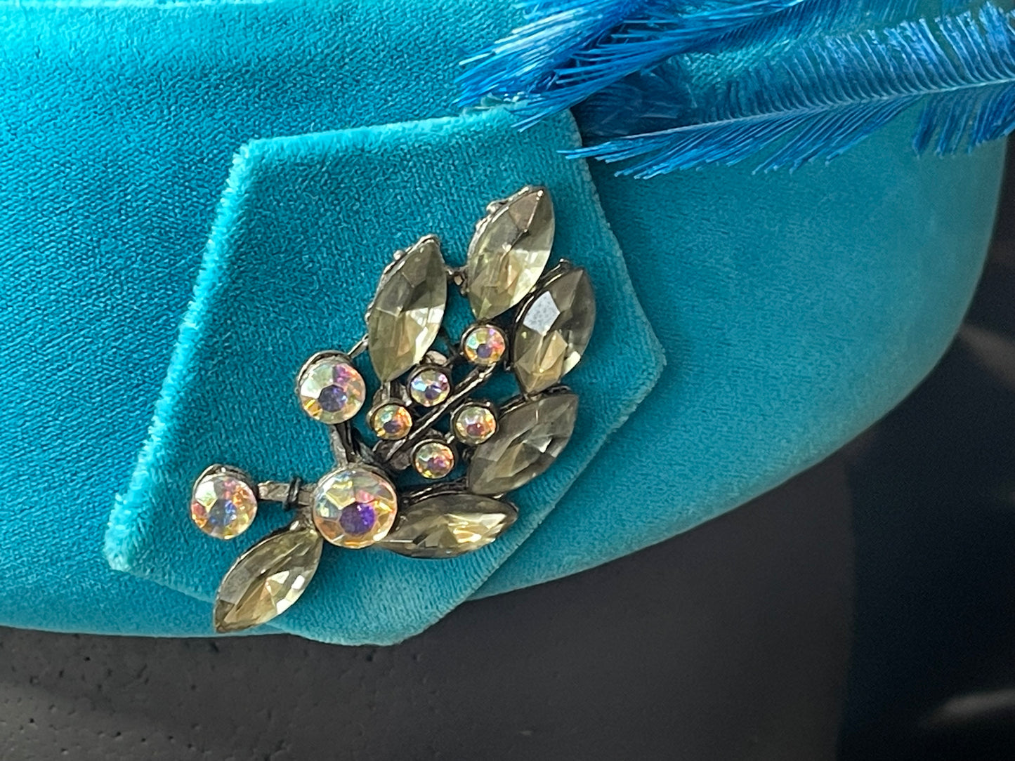 Teal Velvet Pillbox Hat with Feather Plume
