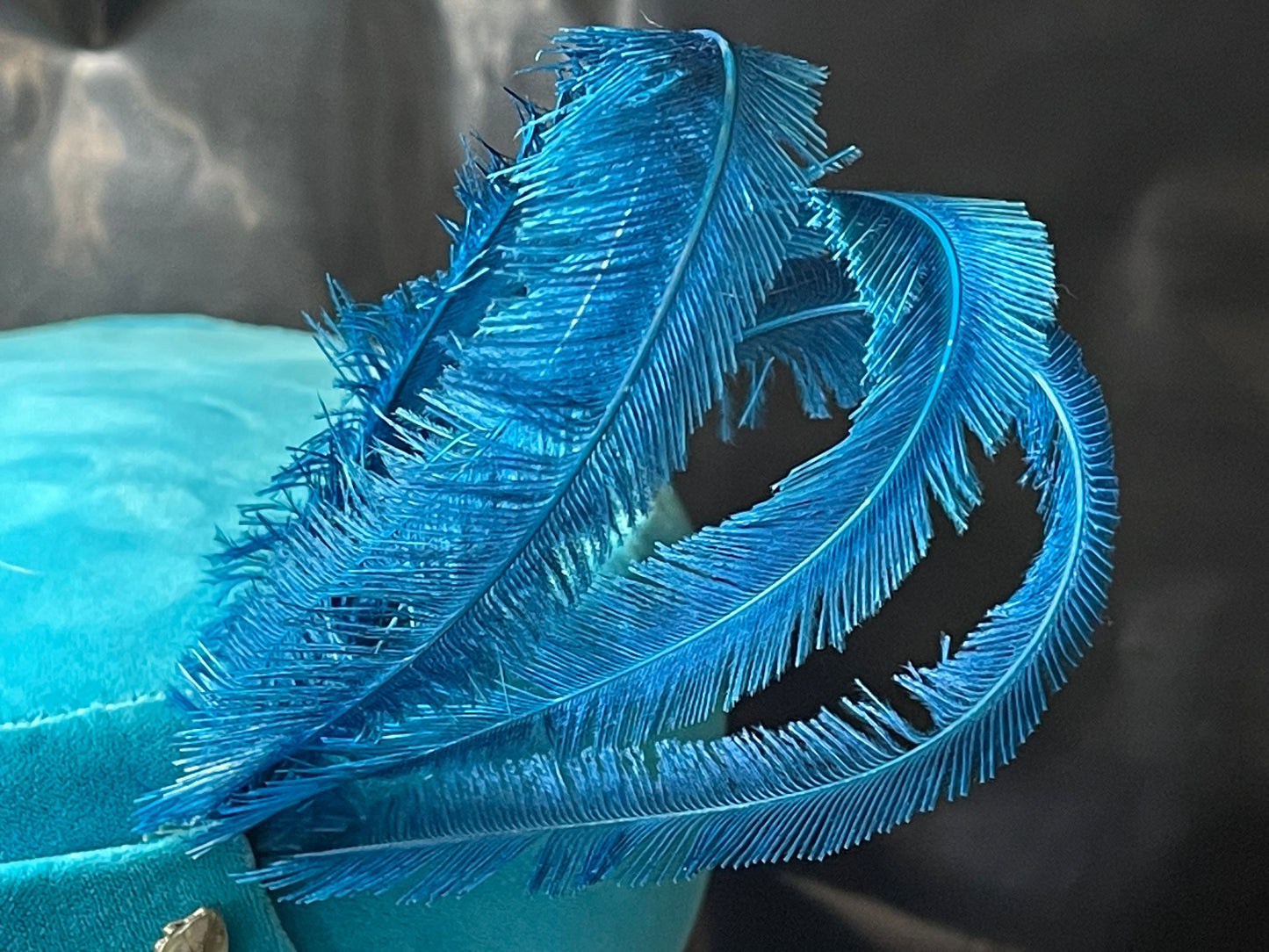 Teal Velvet Pillbox Hat with Feather Plume