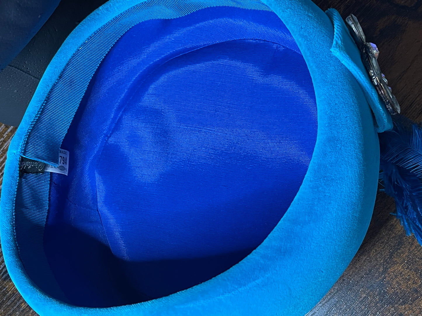 Teal Velvet Pillbox Hat with Feather Plume