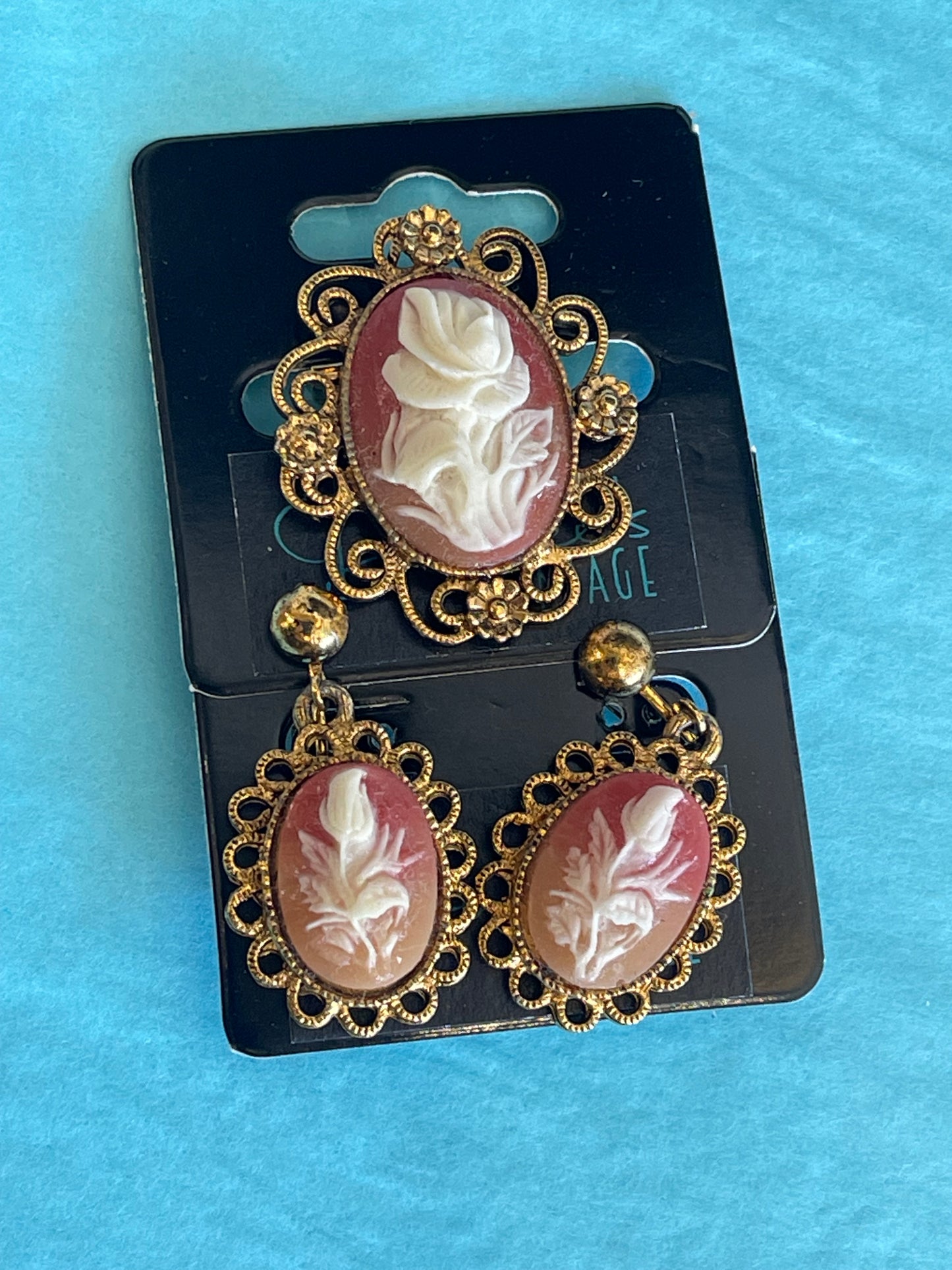 Rose Cameo Brooch & Earrings