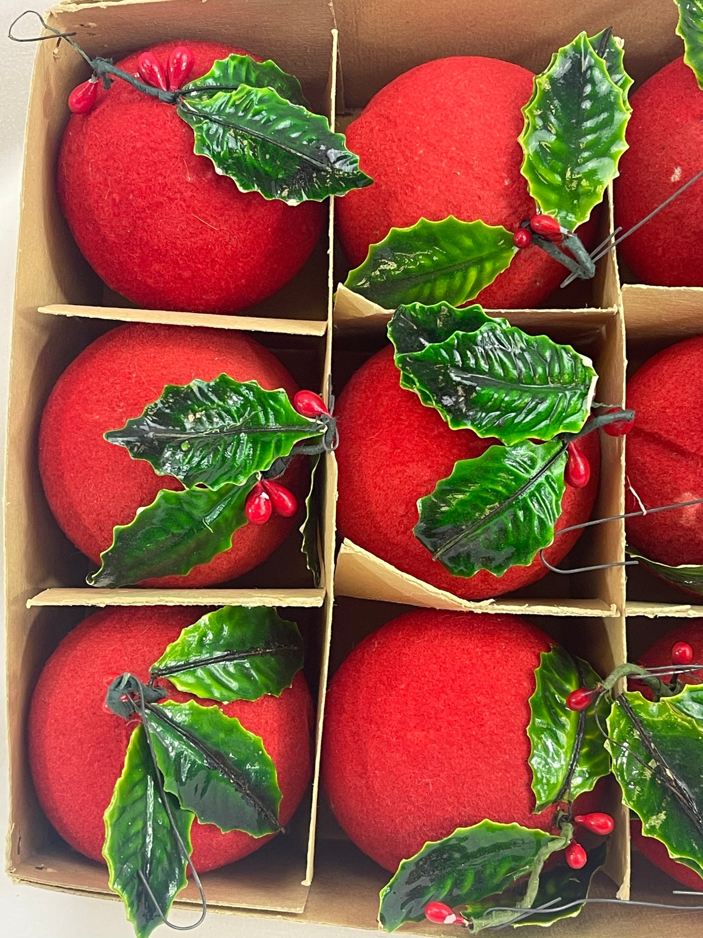 Vintage Flocked Red Ornaments with Holly Leaves & Berries