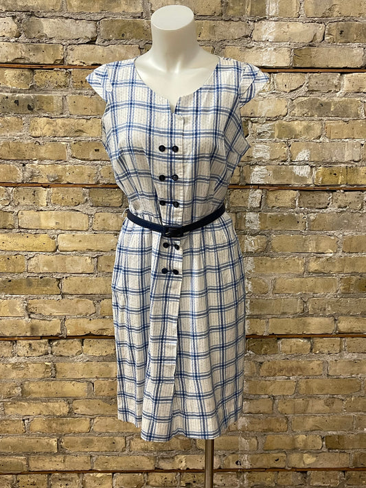 50s Blue Plaid Cotton Day Dress - Volup!