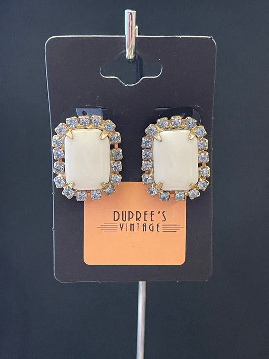 White Stone with Blue Rhinestone Clip Earrings