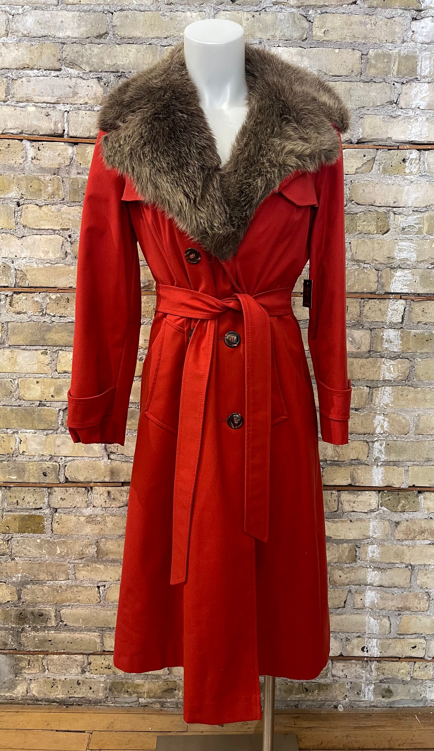 Red Winter Trench Coat with Faux Fur Collar