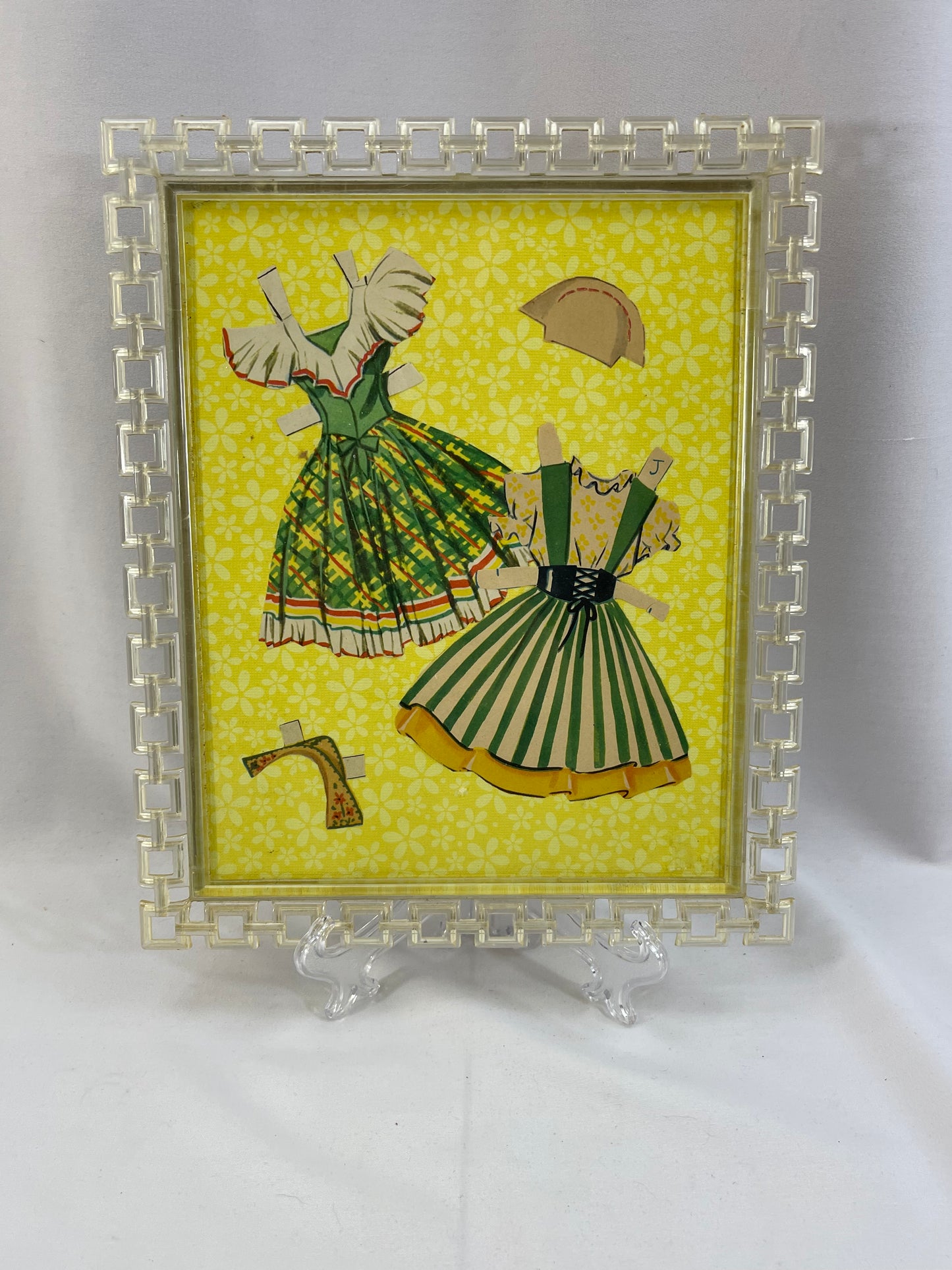 Lucite Framed Vintage Paper Doll Art