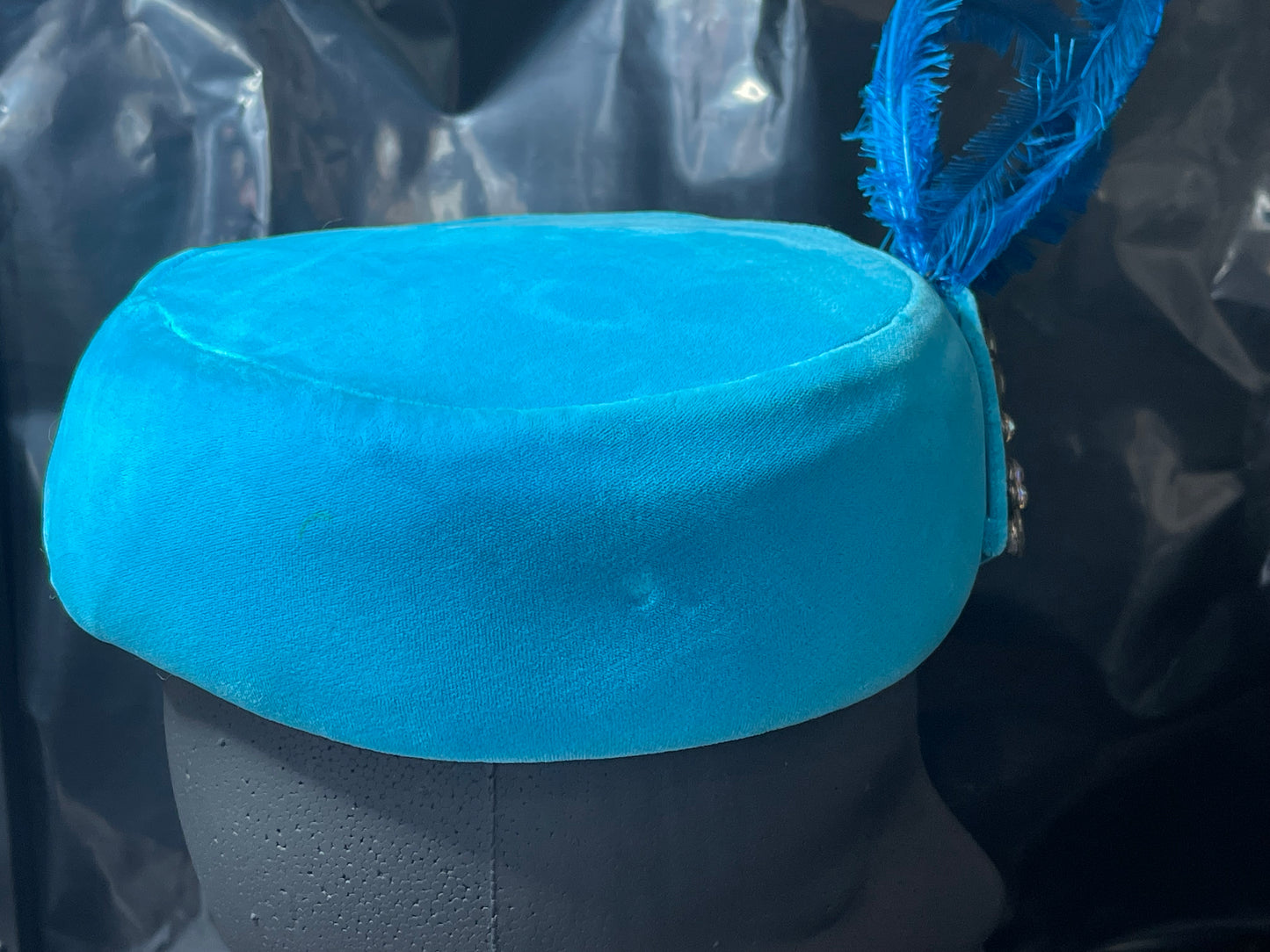 Teal Velvet Pillbox Hat with Feather Plume