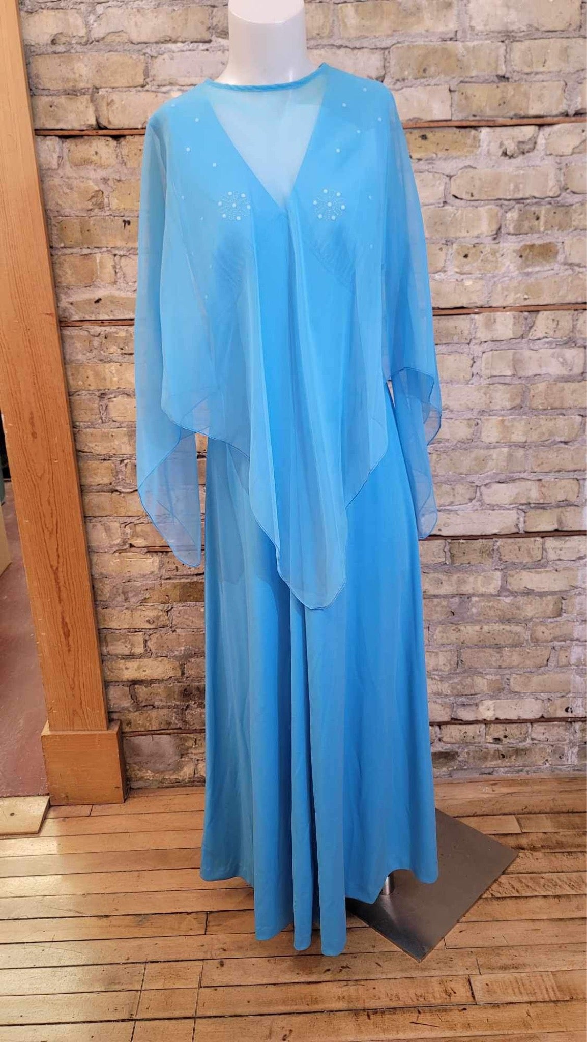 Blue 70s Maxi Dress with Sheer Cape