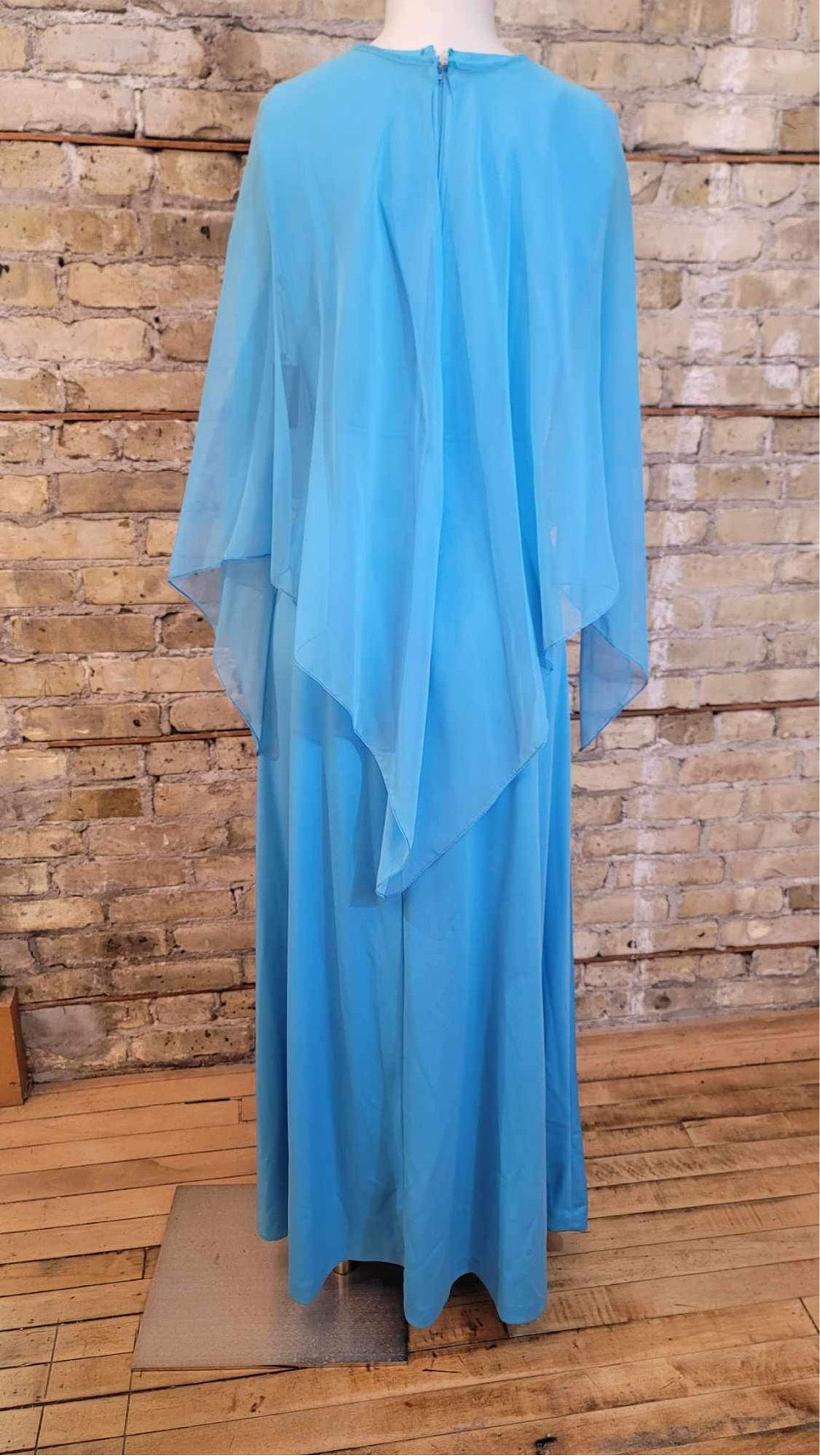 Blue 70s Maxi Dress with Sheer Cape