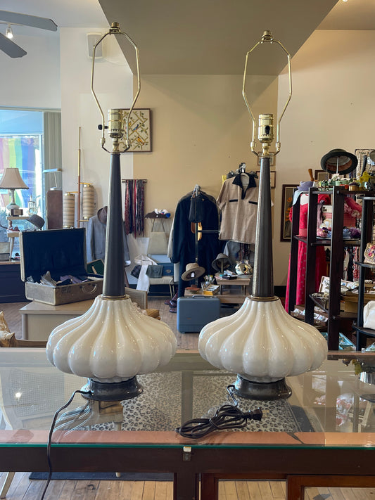 Pair of White Ceramic and Metal Lamps