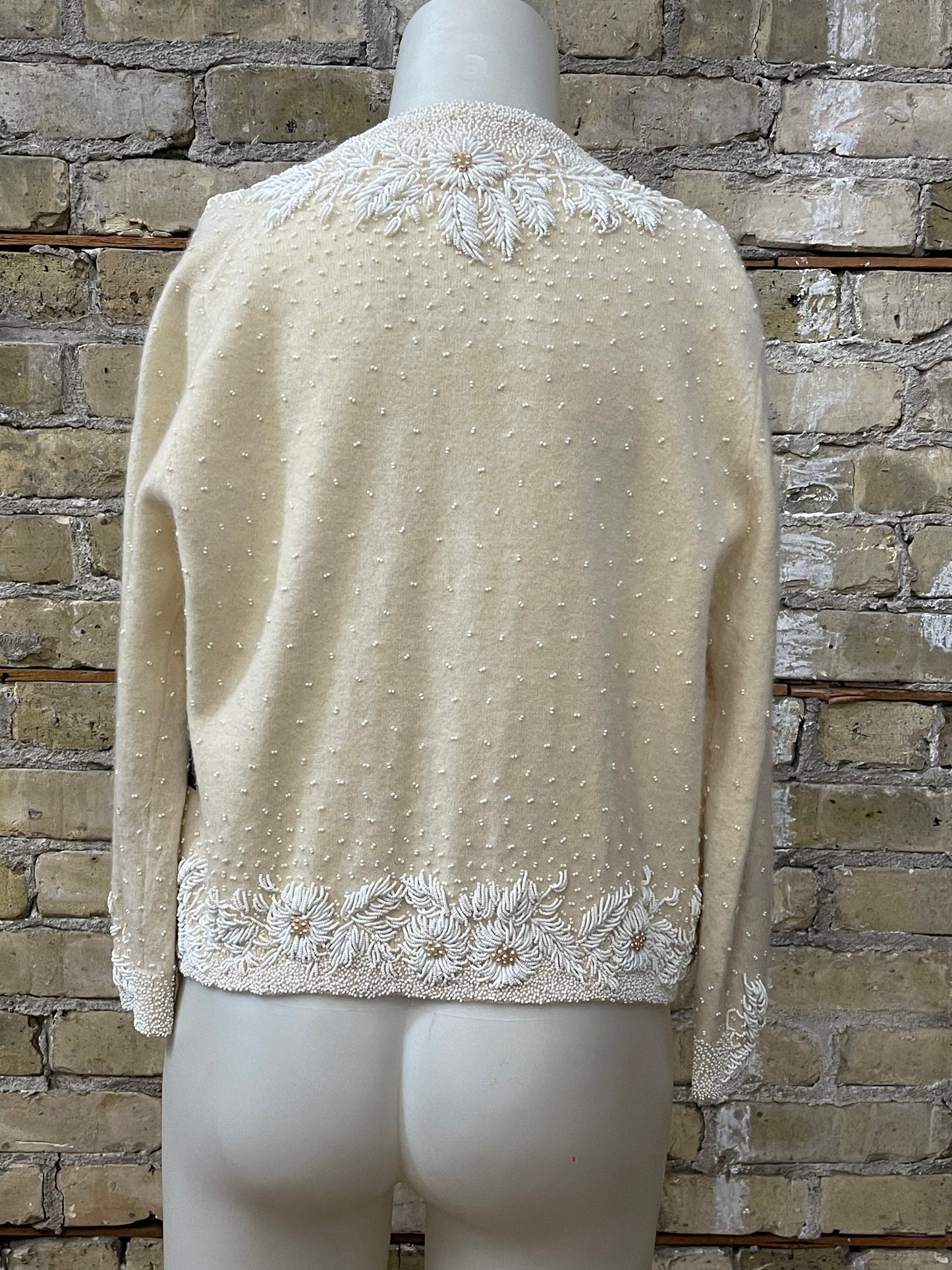 Ivory Beaded 80s Cardigan Sweater