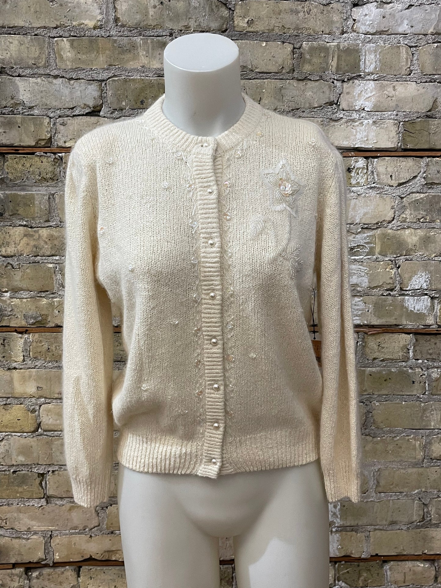 Ivory Beaded 80s Cardigan Sweater
