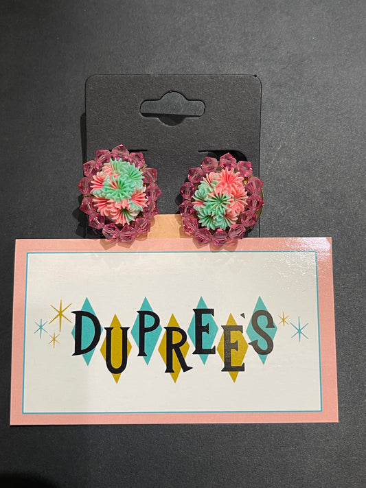 Fun Pink and Green Bead Clip Earrings