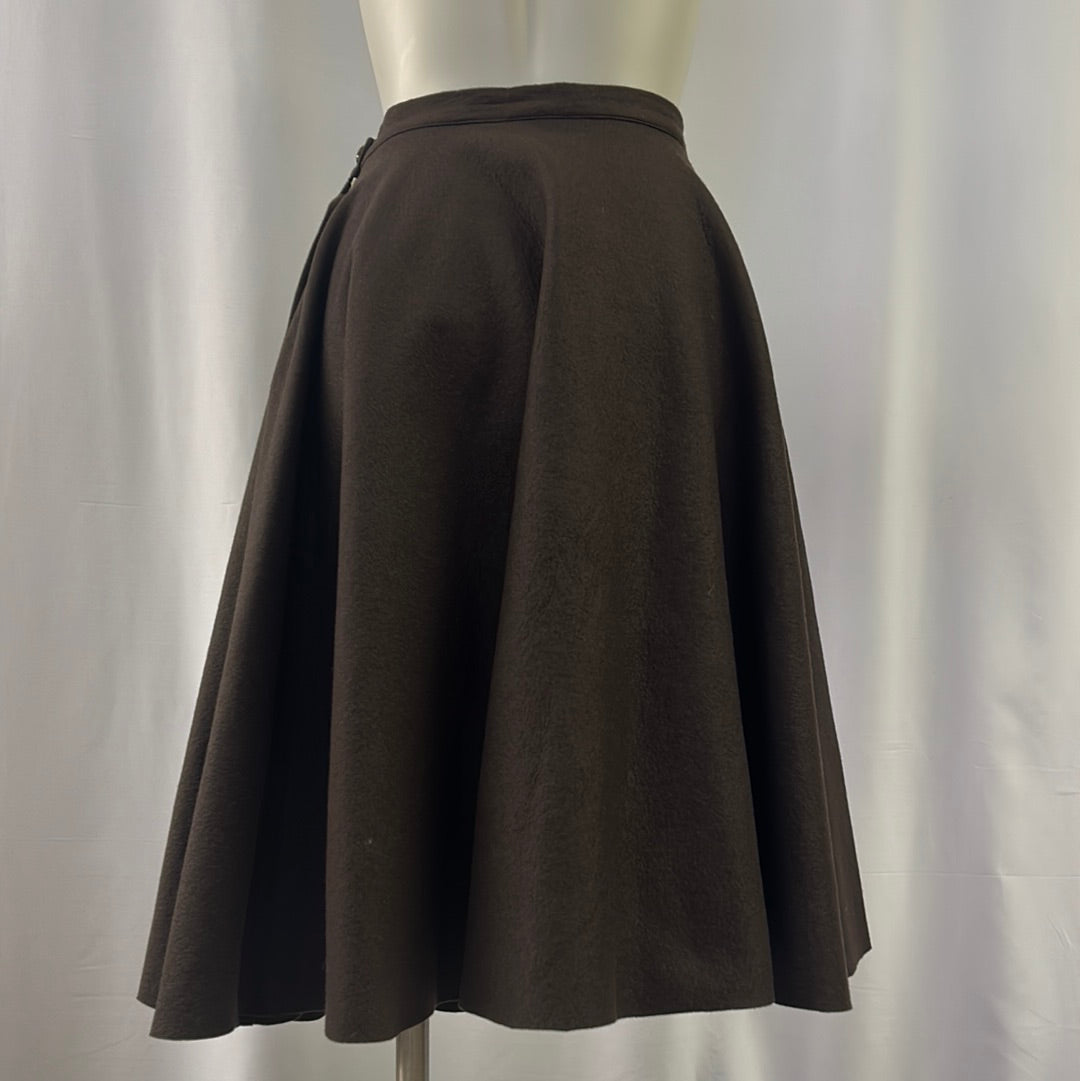Brown Wool Swing Skirt with Leaf Embellishment