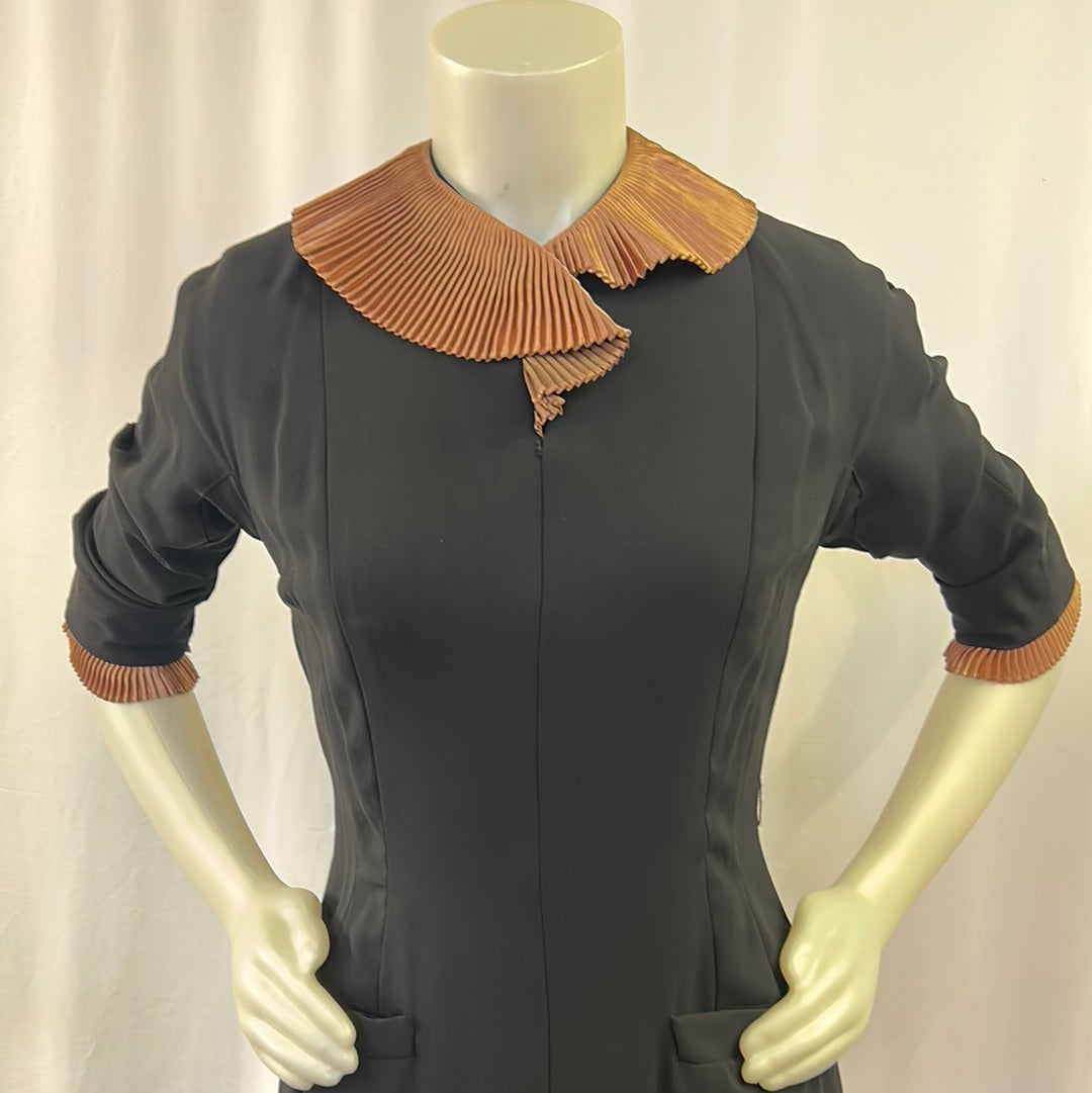 Black Crepe Dress With Copper Ruffled Collar & Cuffs