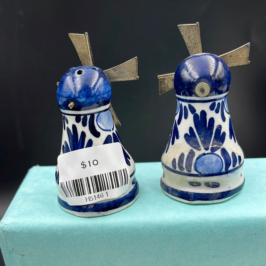 Blue windmill salt and pepper shakers