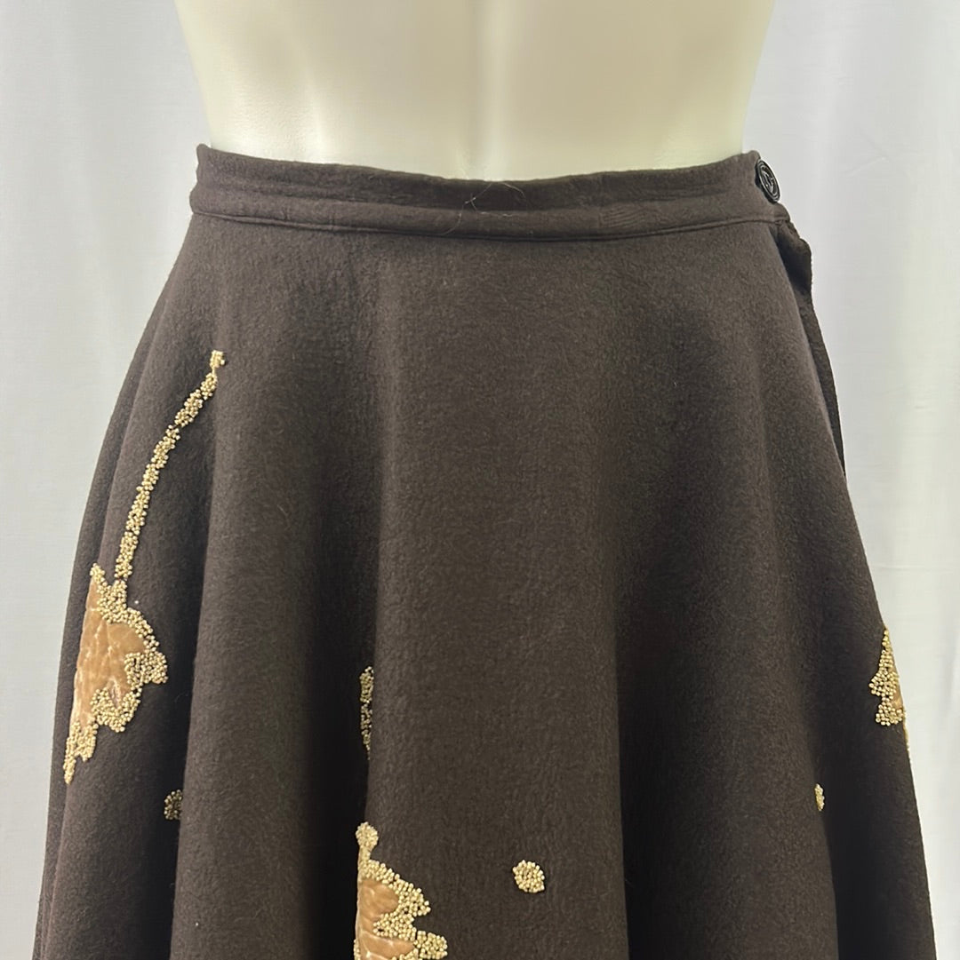 Brown Wool Swing Skirt with Leaf Embellishment