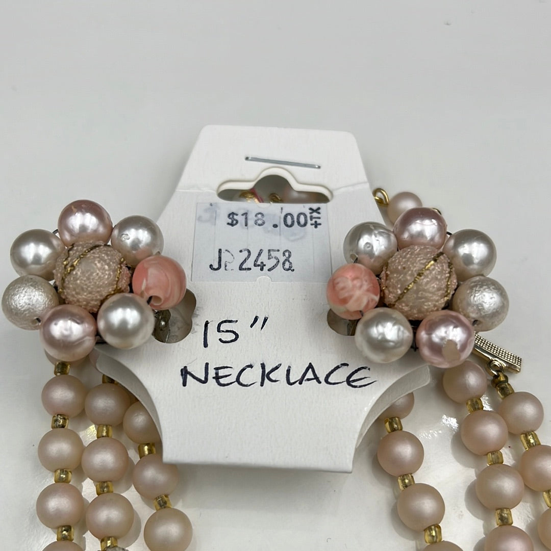 Pink/Pearl necklace and clip on earring set