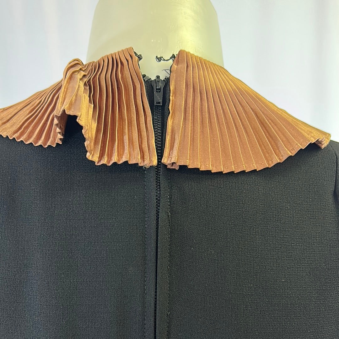 Black Crepe Dress With Copper Ruffled Collar & Cuffs