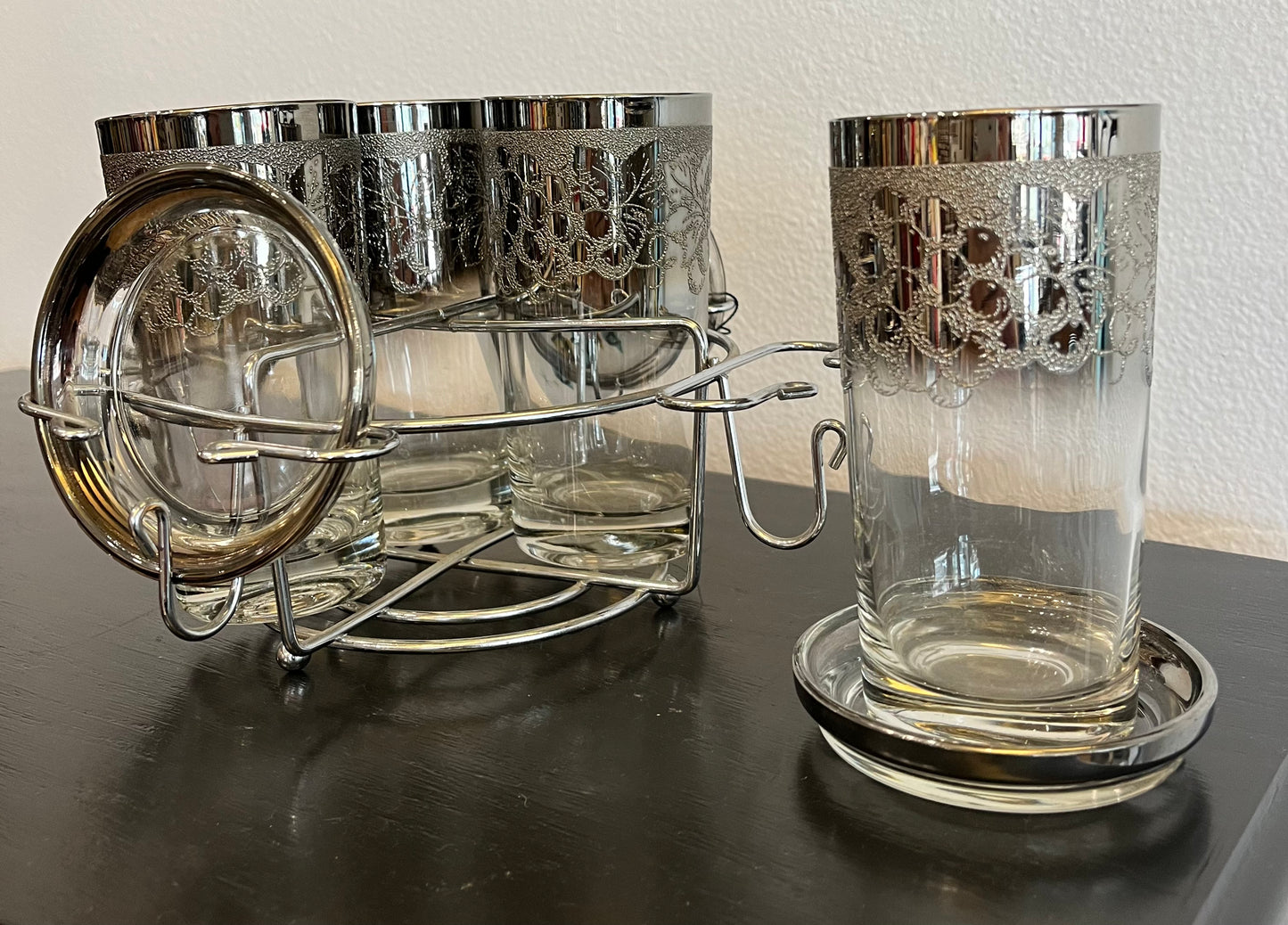 Vitreon Queens Luster set of 4 highball , 4 glass coasters, and metal caddy.