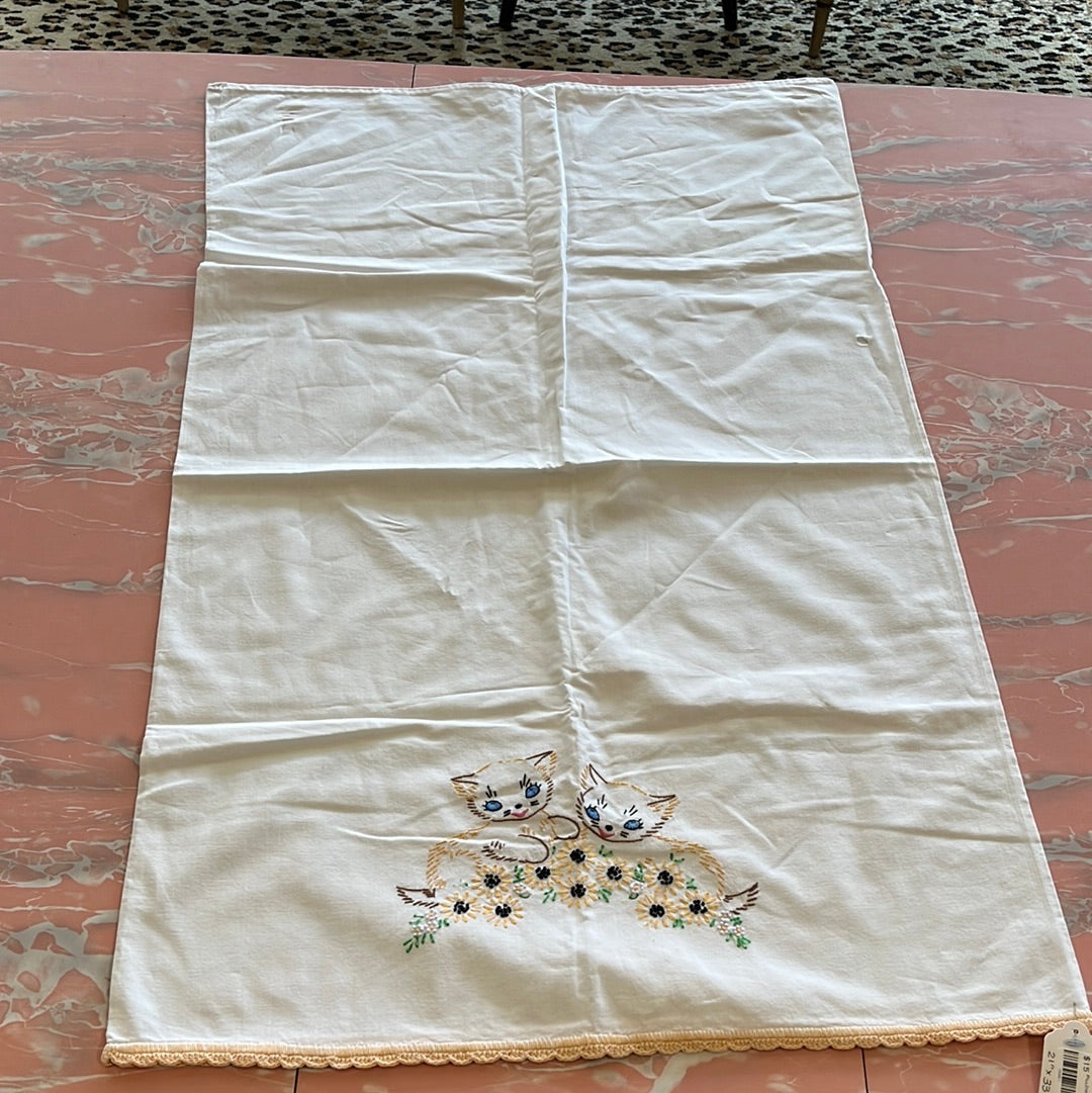 Embroidered kitten pillowcase