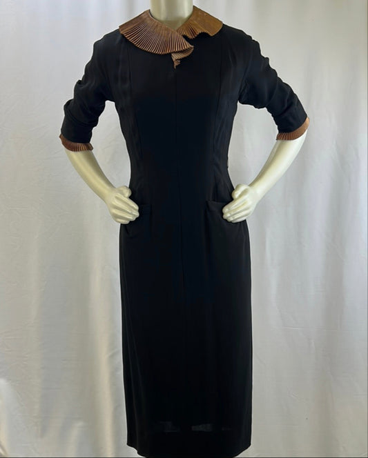 Black Crepe Dress With Copper Ruffled Collar & Cuffs