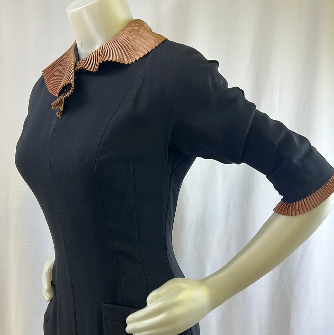 Black Crepe Dress With Copper Ruffled Collar & Cuffs
