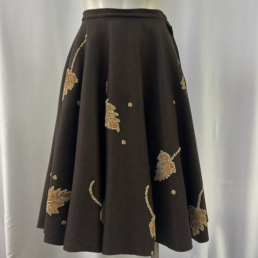 Brown Wool Swing Skirt with Leaf Embellishment