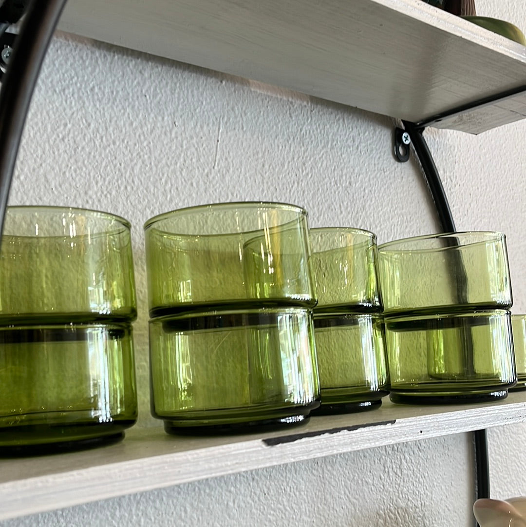 Listing for Christina - Set of 3 Anchor Hocking Green Glass Stackable Tumblers