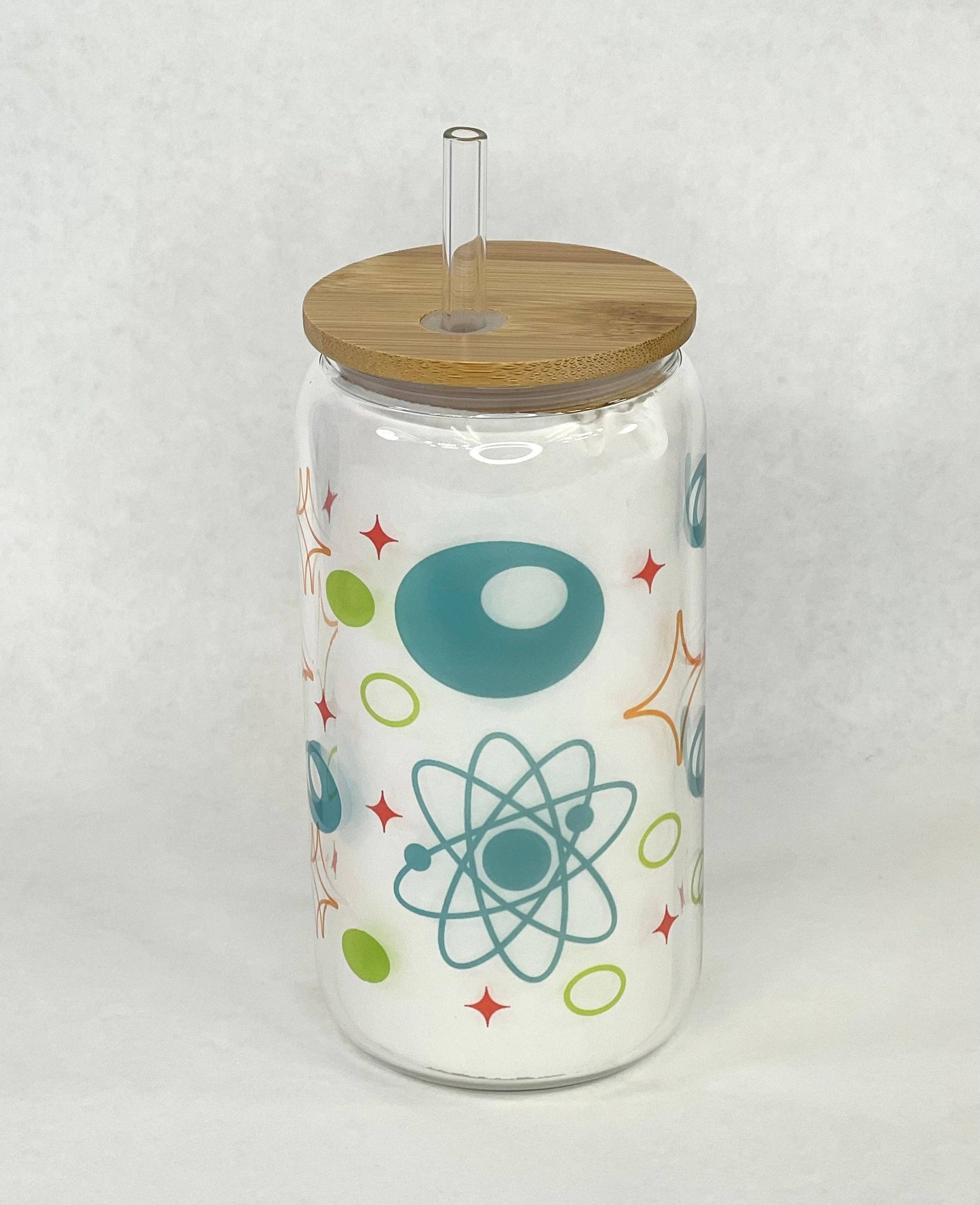 Mid-Century Modern Atomic Glass with Bamboo Lid and Straw