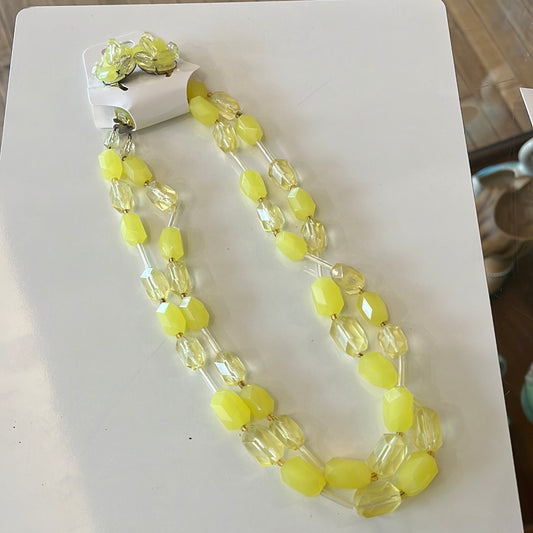 Yellow clear and frosted bead necklace and clip earrings