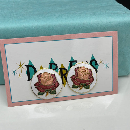 Round enamel rose clip on earring