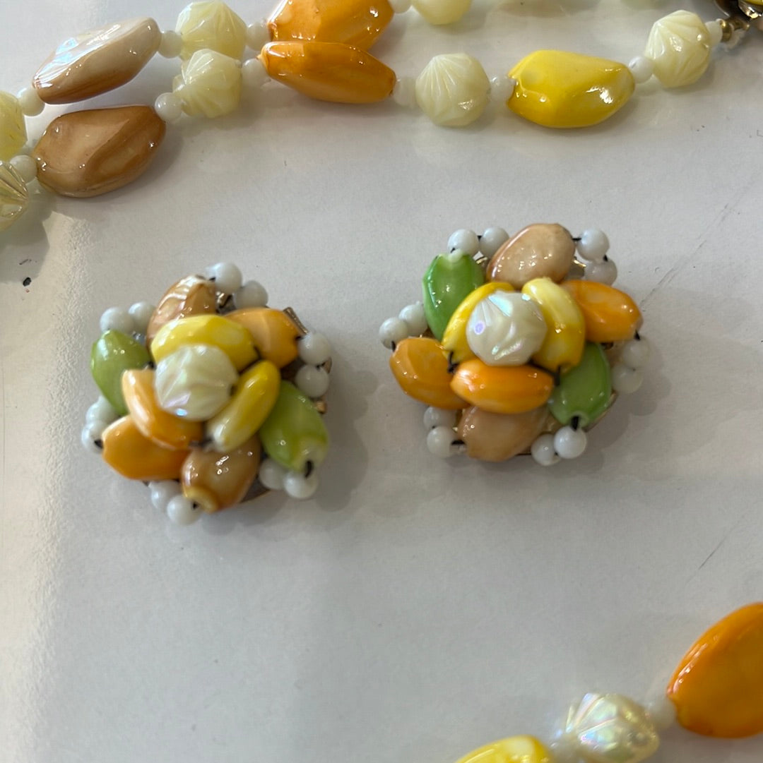 Double strand necklace and Clip Earrings