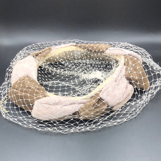 Taupe and Light Brown velvet hat with a beige net