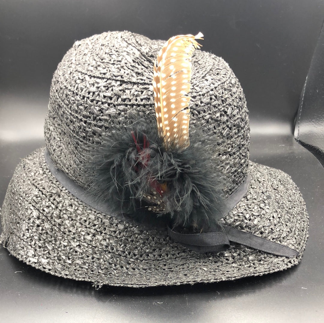 Black Woven Hat with Feather Detail