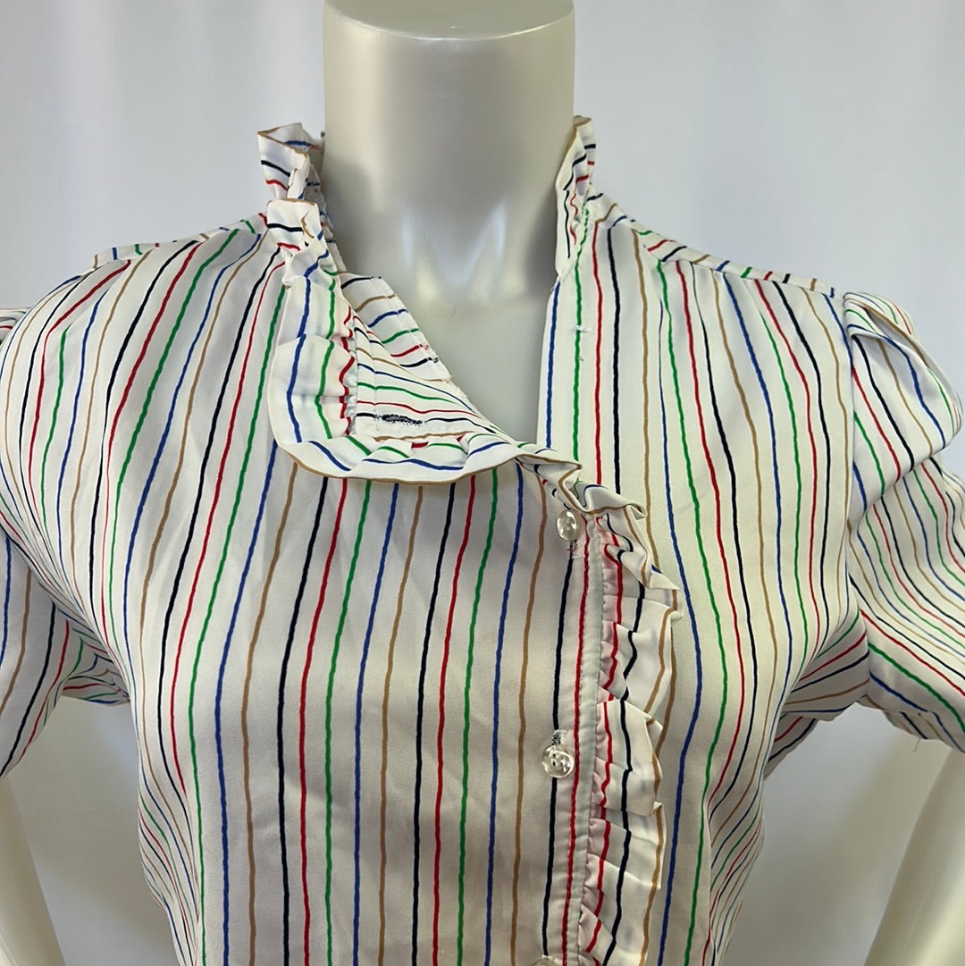 80s White Blouse with Multi-Colored Stripes