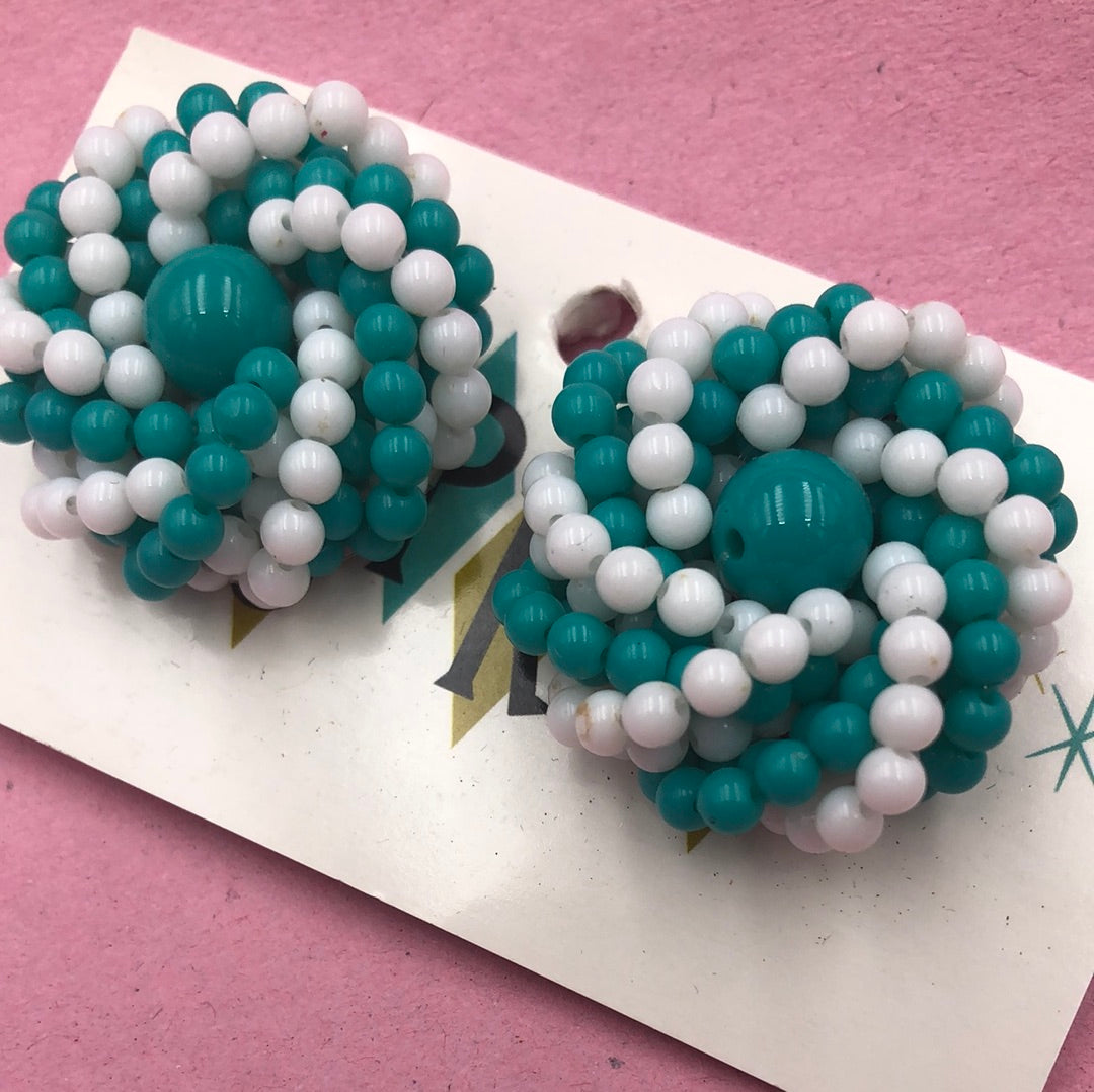 Turquoise and white bead  swirl clip on earring