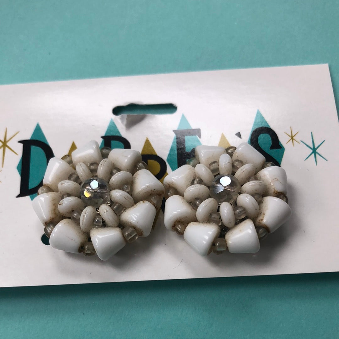 White bead cluster clip on earring