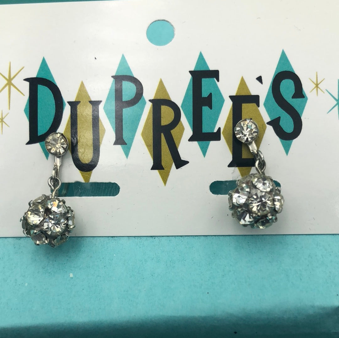 Silver crystal ball drop earring with screw back