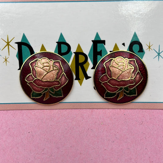 Round enamel pink rose clip on earring