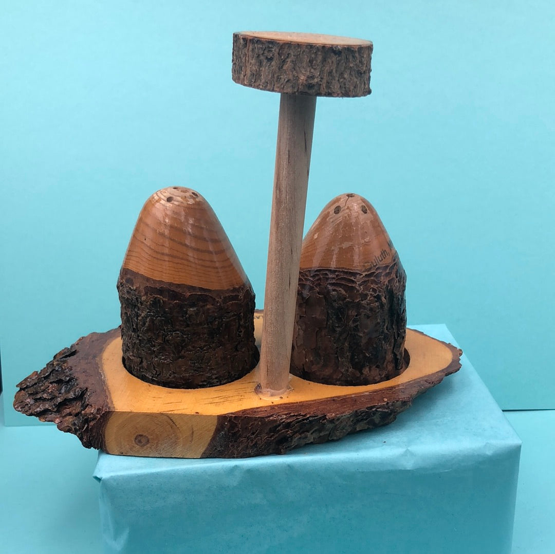 Rustic wooden Pine Cone Alaska salt and pepper shakers