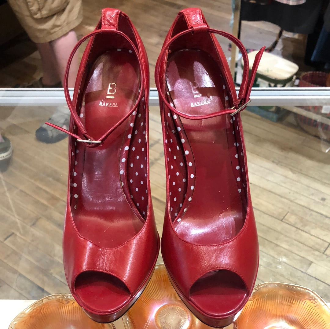 Red leather ankle strap peep toe heels