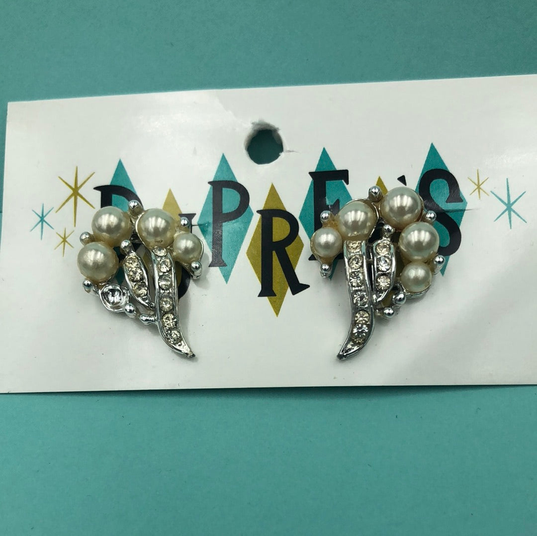 White Pearl and Clear Crystal clip on earrings