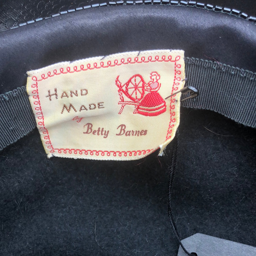 Black velvet hat with Black satin band and bugle bead trim