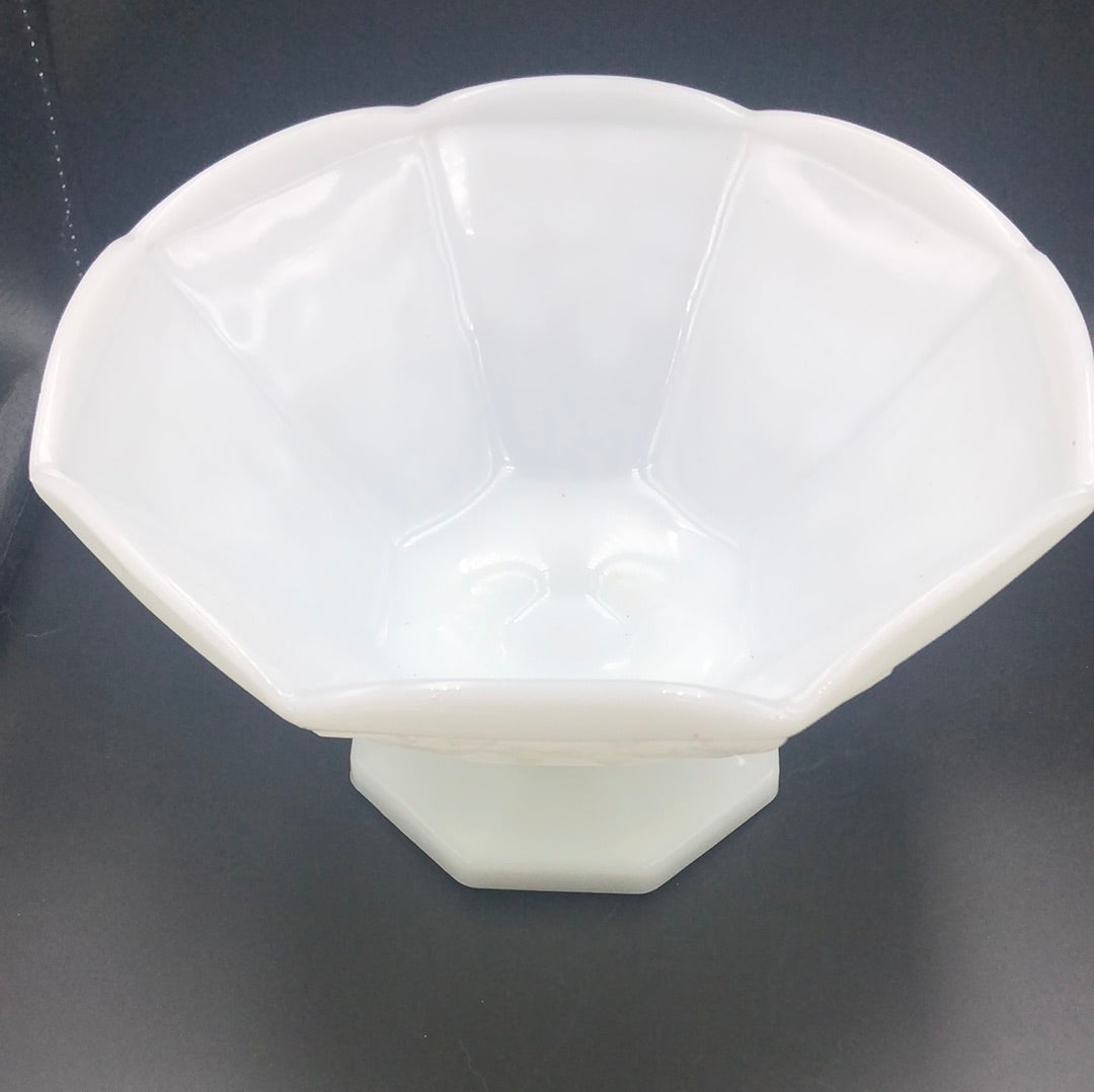 White Milk Glass Octagonal Pedestal Bowl with Grape Design