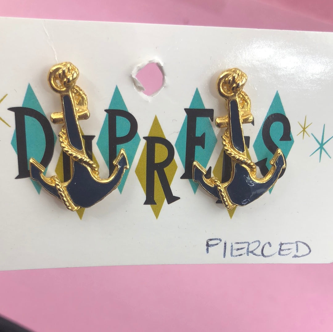 Navy Blue and Gold Anchor pierced earring