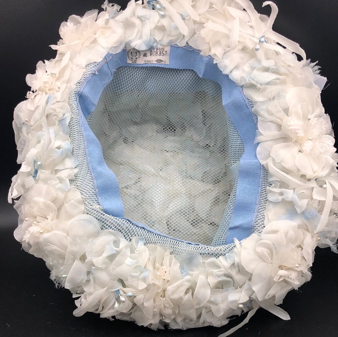 White floral bucket hat with Powder Blue Velvet Band