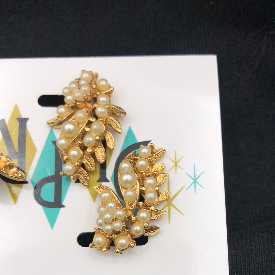 Gold and White Pearl Broach and Clip On Earrings