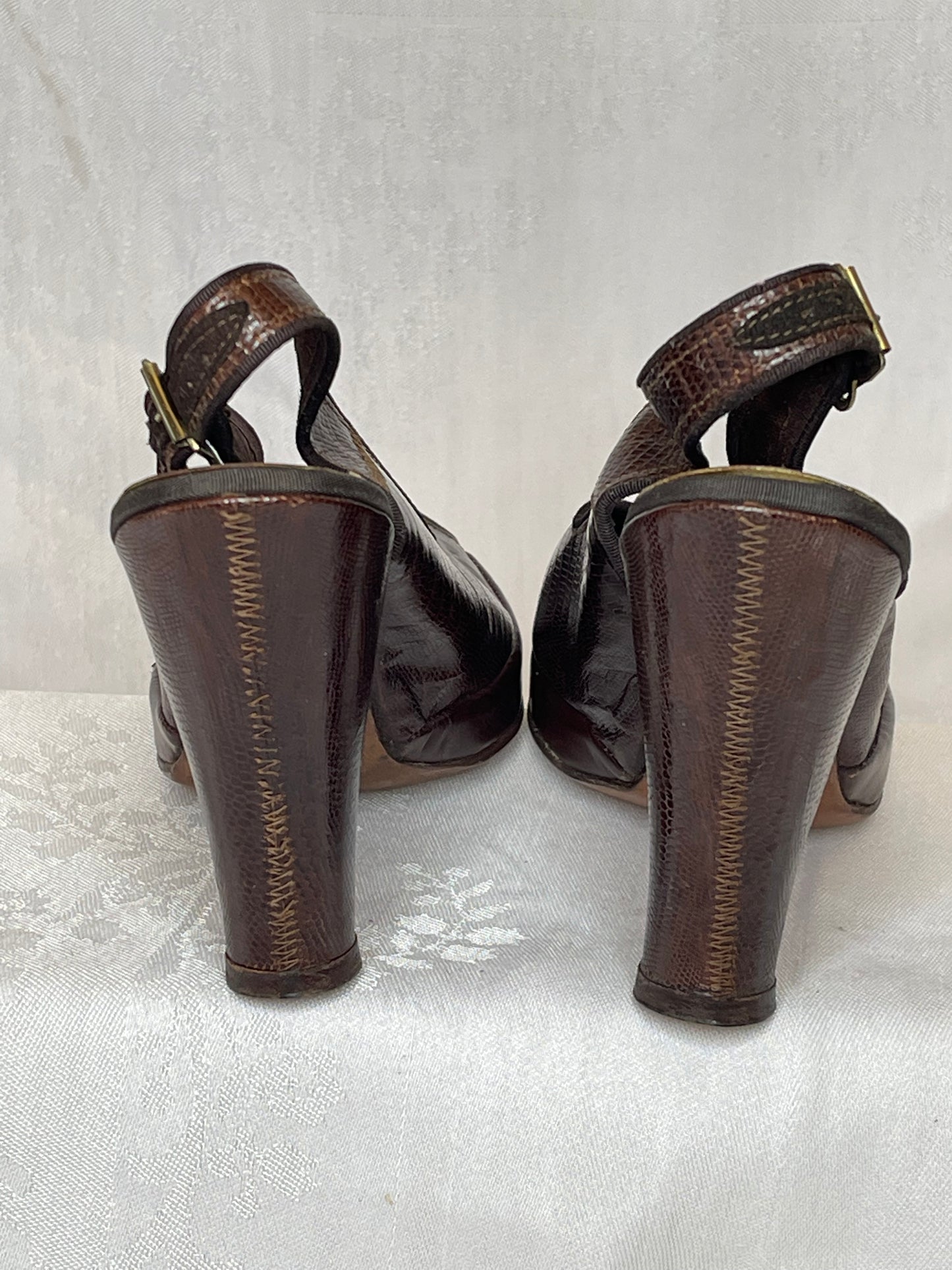 40s dark brown alligator sling backs